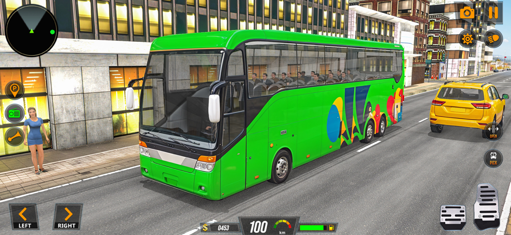 Real Modern City Bus Driving - A green passenger bus parked on a city street with game controls and a yellow car in a mobile driving simulator.