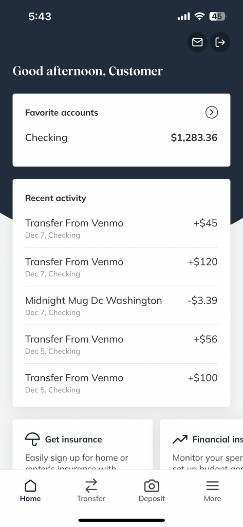 Georgetown Alumni & Student CU - Georgetown Alumni and Student Credit Union mobile app home screen showing account balance and recent transaction history