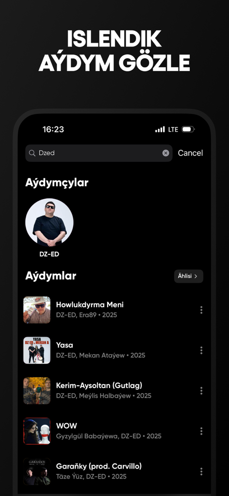 Sazz music app search screen showing Turkmen artist DZ-ED and a list of songs.