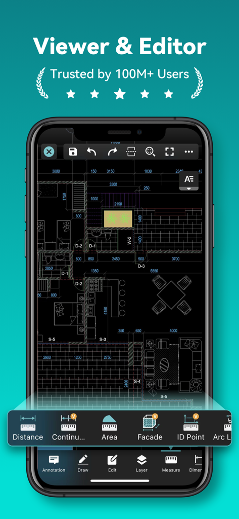Interfaccia dell'app mobile di DWG FastView che mostra una planimetria architettonica con strumenti di misurazione e modifica