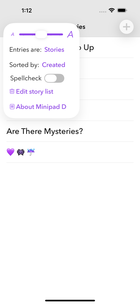 Screenshot of the Minipad settings menu showing font size slider and spellcheck toggle