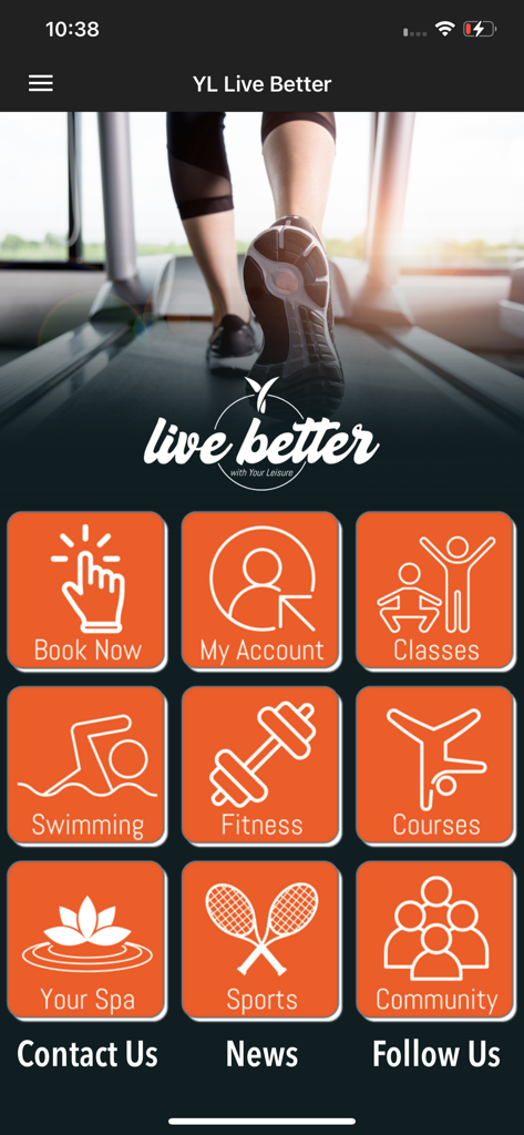 Live Better - The home screen of the Live Better app showing categories for booking leisure activities including classes swimming fitness and spa