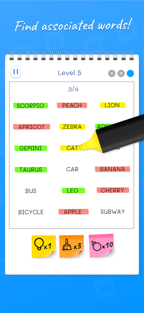 Word Match: Connections Game - A gameplay screenshot of Word Match Connections Game showing words highlighted and categorized by associations on a notebook interface.