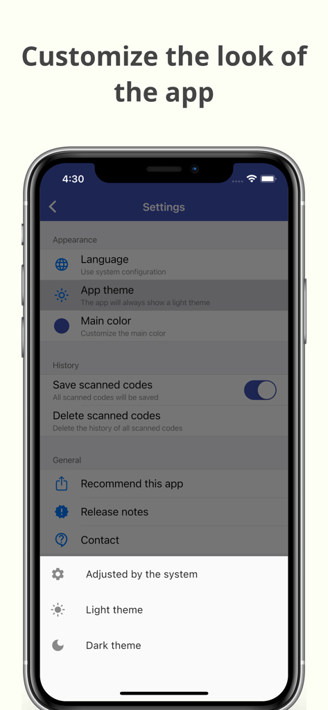 Settings screen for customizing the look and theme of the WiFi QR Connect app.