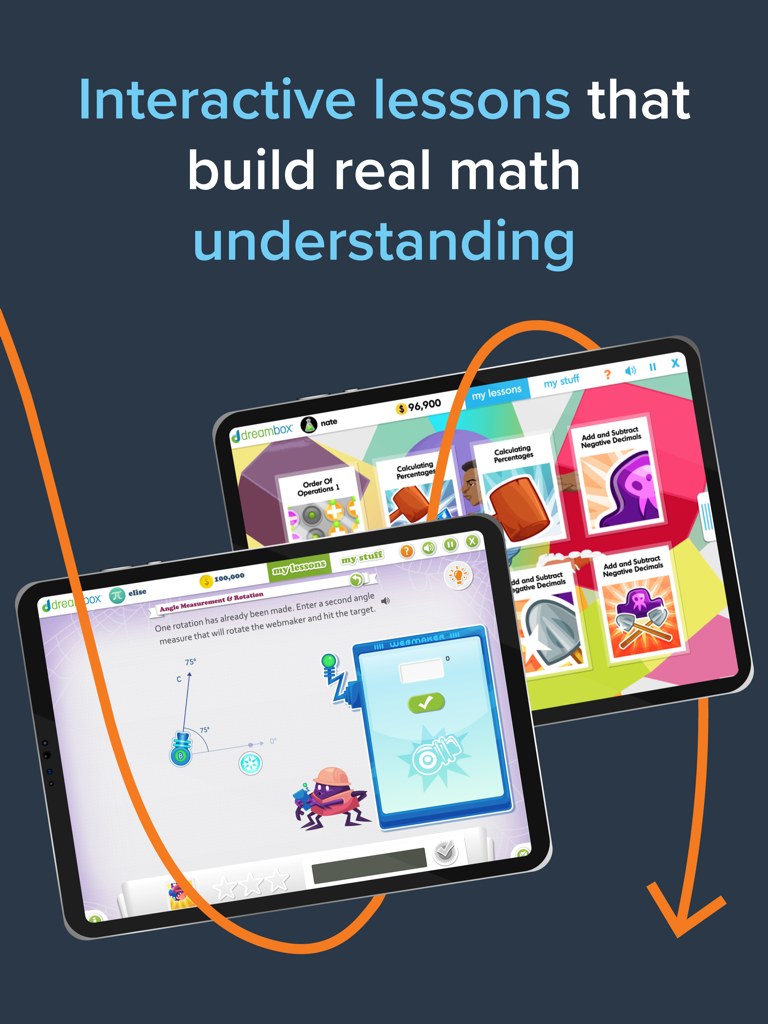 DreamBox Math - Lecciones interactivas de DreamBox Math para niños mostradas en pantallas de iPad.