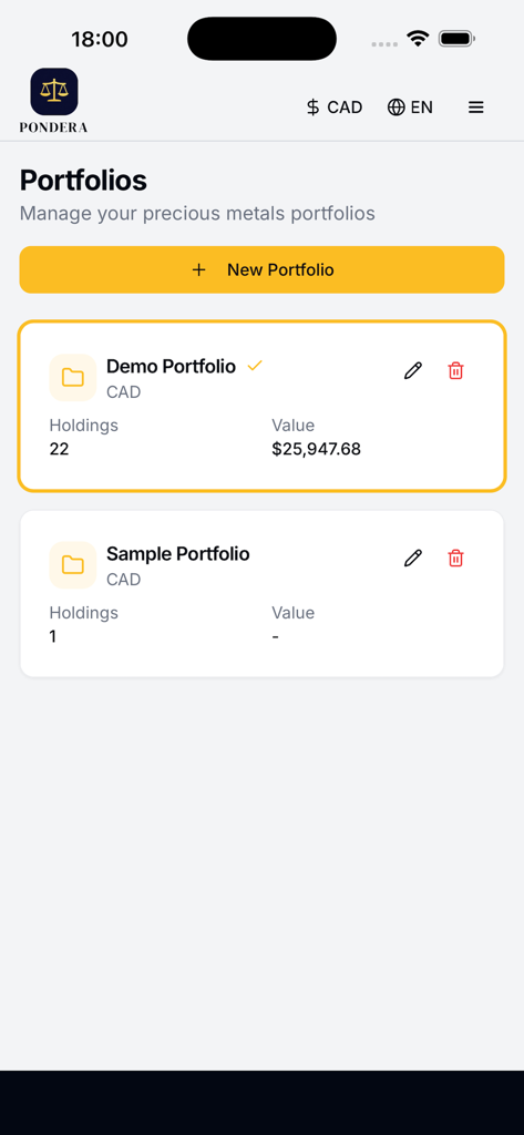 Pondera: Gold Tracker - Pondera Gold Tracker app screen showing multiple precious metal portfolios with holdings and total values