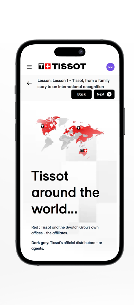 TISSOT Academy - Tissot Academy mobile screen showing a training lesson about the brand's global distribution with a world map.