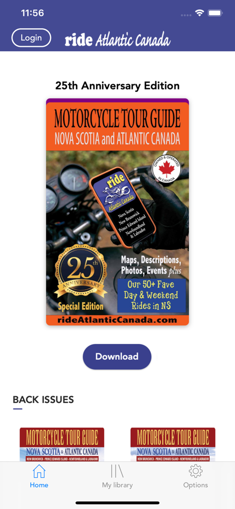 Ride Atlantic Canada - Interface do aplicativo Ride Atlantic Canada Tour Guide apresentando o Guia de Turismo de Motocicleta do 25º Aniversário