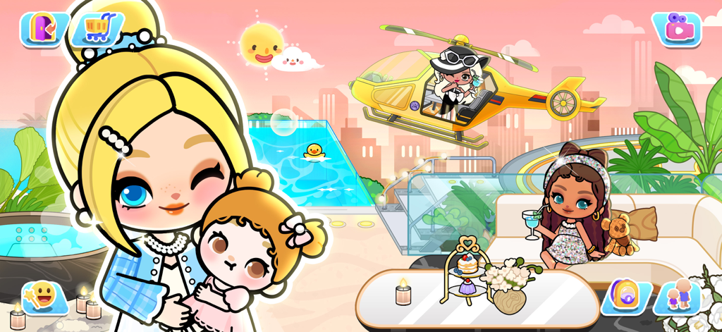 Avatar characters in a luxury rooftop setting with a pool and helicopter