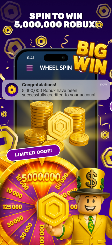 Lucky wheel mini game interface showing a win of 5 million Robux in the RBLXPlus app