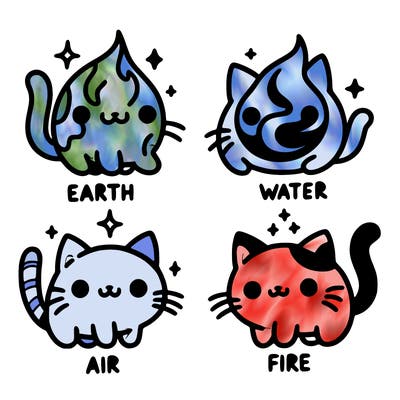 4 cats that represent the different elements, earth, water, air, and fire