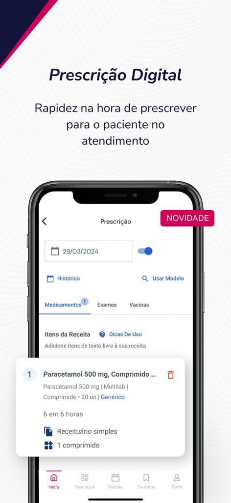 Afya Whitebook mobile app interface displaying the digital prescription feature with Paracetamol details