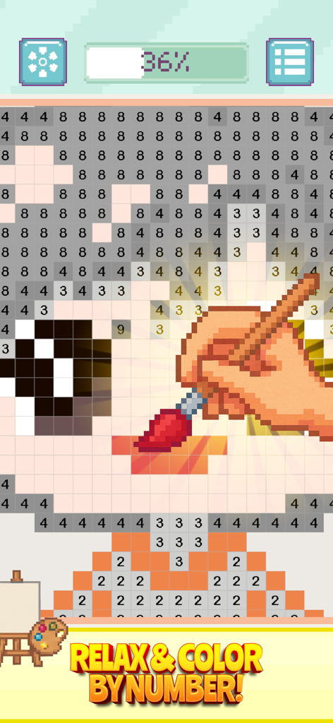 Color Zen: Paint by Number - Una persona coloreando un personaje de arte pixelado por números en la aplicación móvil Color Zen.