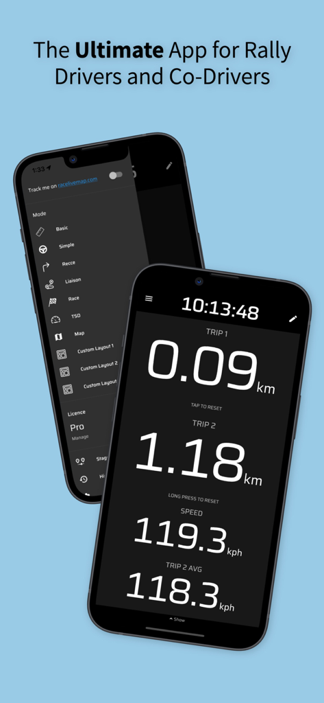 Rally Tripmeter - Two smartphones displaying the Rally Tripmeter app with various racing modes and a digital dashboard for tracking distance and speed.
