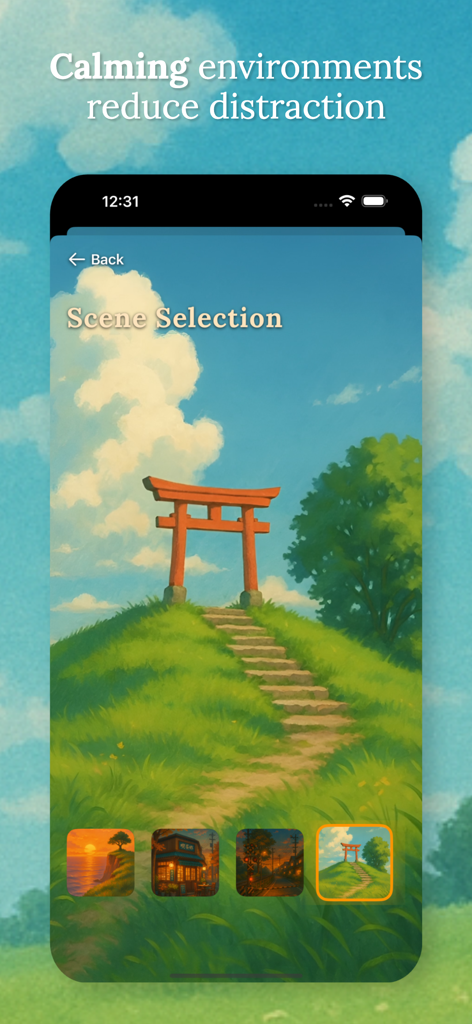 Nori - Cozy Focus Friend - Nori app scene selection screen showing a calming illustration of a torii gate on a green hill under a blue sky