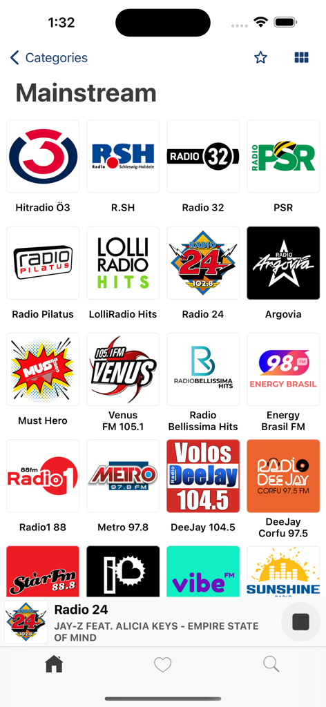 VRadio app screen displaying a grid of radio station logos under the mainstream category