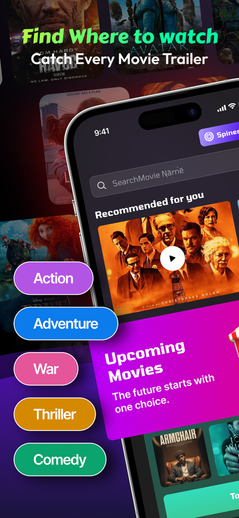 Un iPhone mostrando la interfaz de la aplicación Moviebox con una barra de búsqueda, recomendaciones de películas y coloridas etiquetas de género como Acción y Comedia