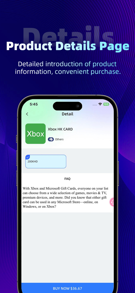 TOPUP Live - Screenshot of the TOPUP Live app showing the product details and purchase option for an Xbox gift card