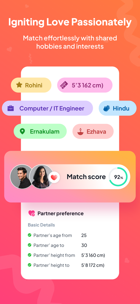 Nest Matrimony app screenshot showing a 92 percent match score with profile details like profession and community preferences