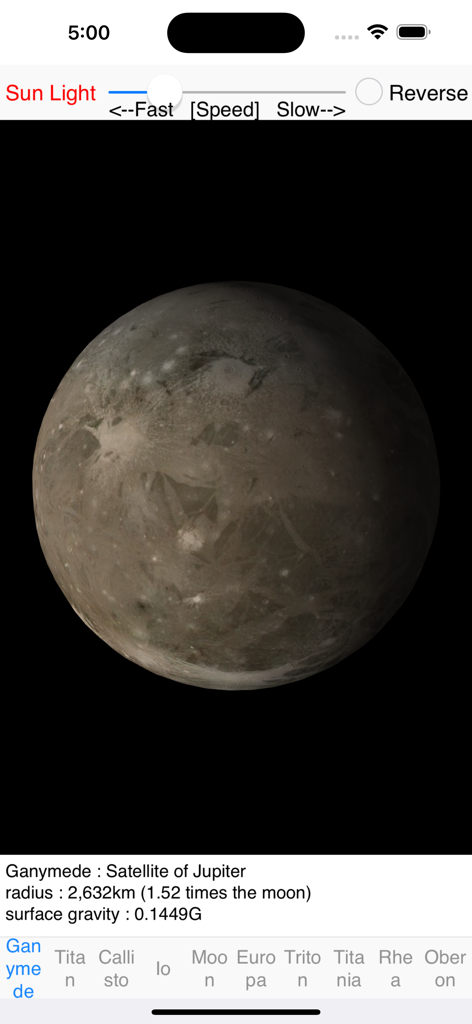 Satellite Rotation - 3D model of Jupiter moon Ganymede with radius and gravity data in Satellite Rotation app