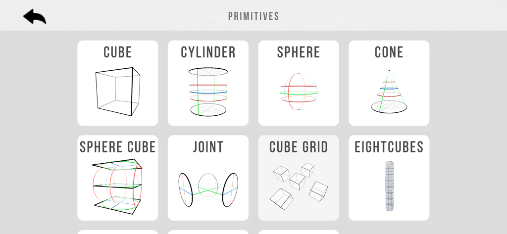 Zolly - Perspective Models - Ein Raster von 3D-Primitivmodellen, einschließlich Würfel, Zylinder und Kugeln, in der Zolly-Perspektivanwendung