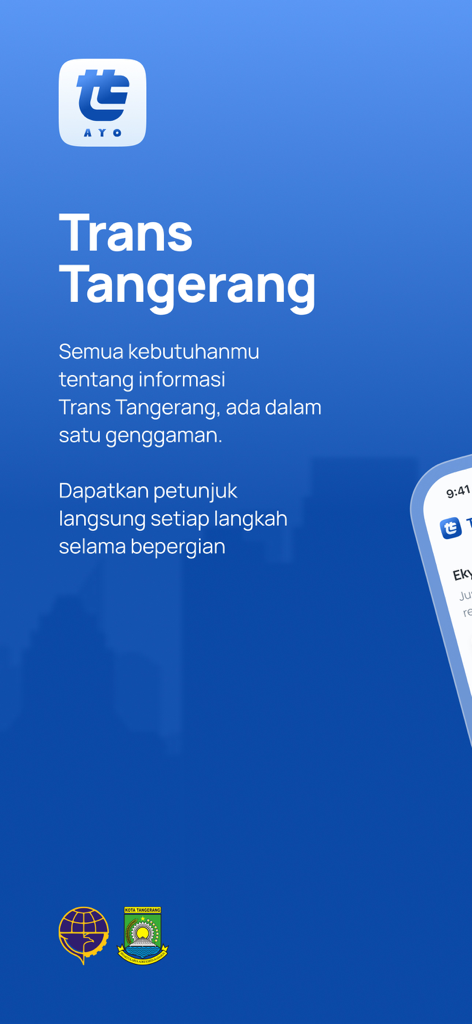 Introductory splash screen of the Trans Tangerang Ayo mobile app with a blue background and white transit information text