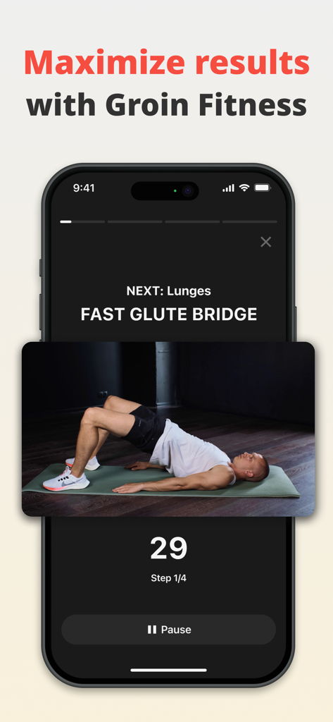Kegel Master: men’s exercises - Mann, der eine Glute-Bridge-Übung für die Leistengegend-Fitness in der Kegel Master App ausführt