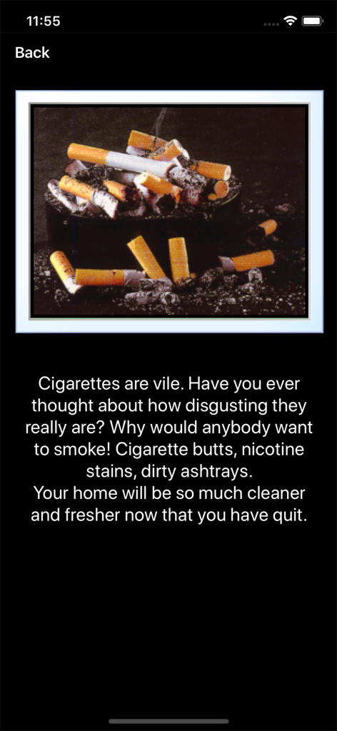 My Last Cigarette - Una pantalla de motivación de la aplicación Mi Último Cigarrillo que muestra un cenicero sucio y texto sobre los beneficios de dejar de fumar