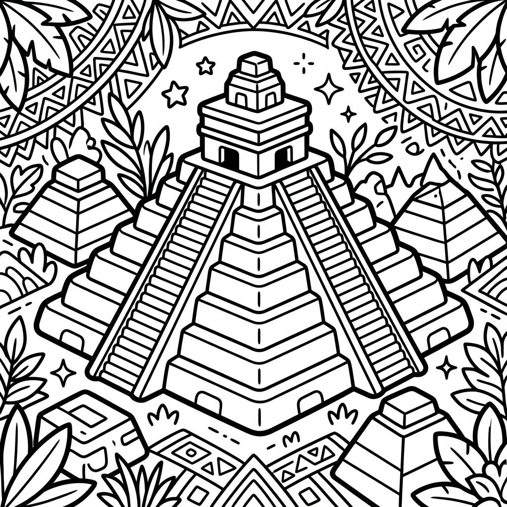 Kawaii Mayan Pyramids Coloring Page | Cute Ancient Wonders