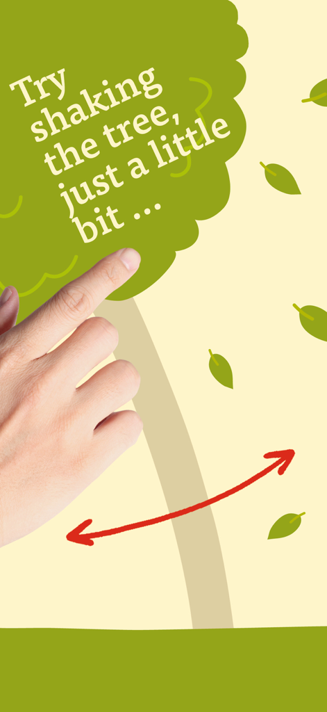 Shake the Tree! - Una mano agitando un árbol verde minimalista en la aplicación Shake the Tree