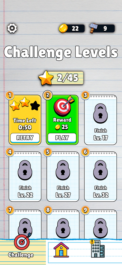 Menú de niveles de desafío en la aplicación Family Tree que muestra el progreso del puzle y las recompensas