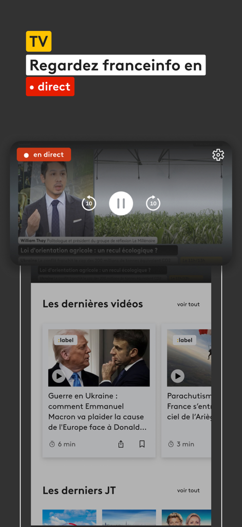 Interfaz de la aplicación franceinfo que muestra una transmisión de noticias en vivo y reportajes de video recientes.