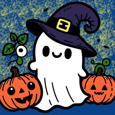 ghost with punkins wearing a witch hat