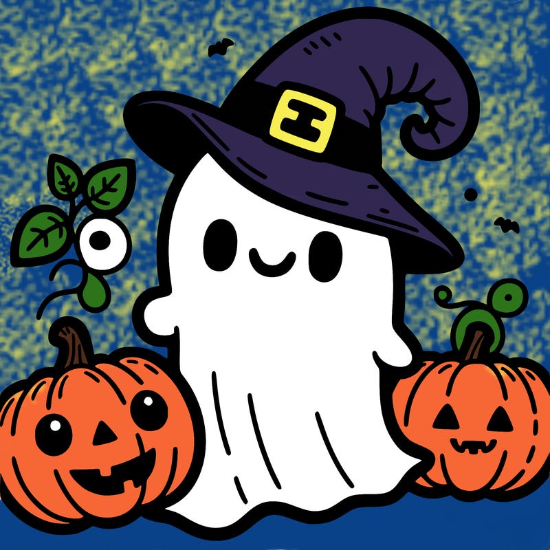 ghost with punkins wearing a witch hat