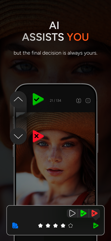 AI Photo Culling — PhotoPicker - Interfaz de la aplicación PhotoPicker que muestra la clasificación de fotos asistida por IA y opciones de corte manual en la pantalla de un smartphone