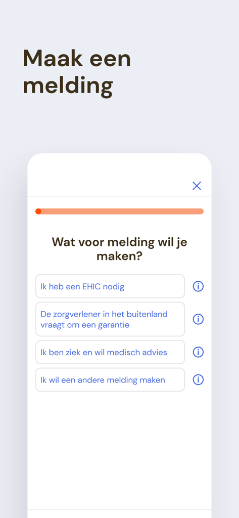 Spoedzorg op reis - 旅行中に医療レポートオプションを選択するためのモバイルインターフェース。