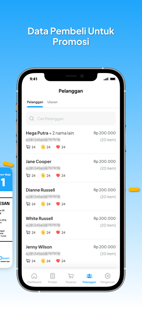 Opaper app customer management screen showing buyer data and purchase history for business promotions.