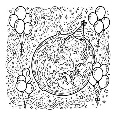 Blast off into a universe of fun with this unique Bubble Nebula birthday coloring page. Featuring a festive nebula adorned with a party hat, surrounded by balloons, confetti, and twinkling stars, it's a cosmic celebration waiting for your colors.
