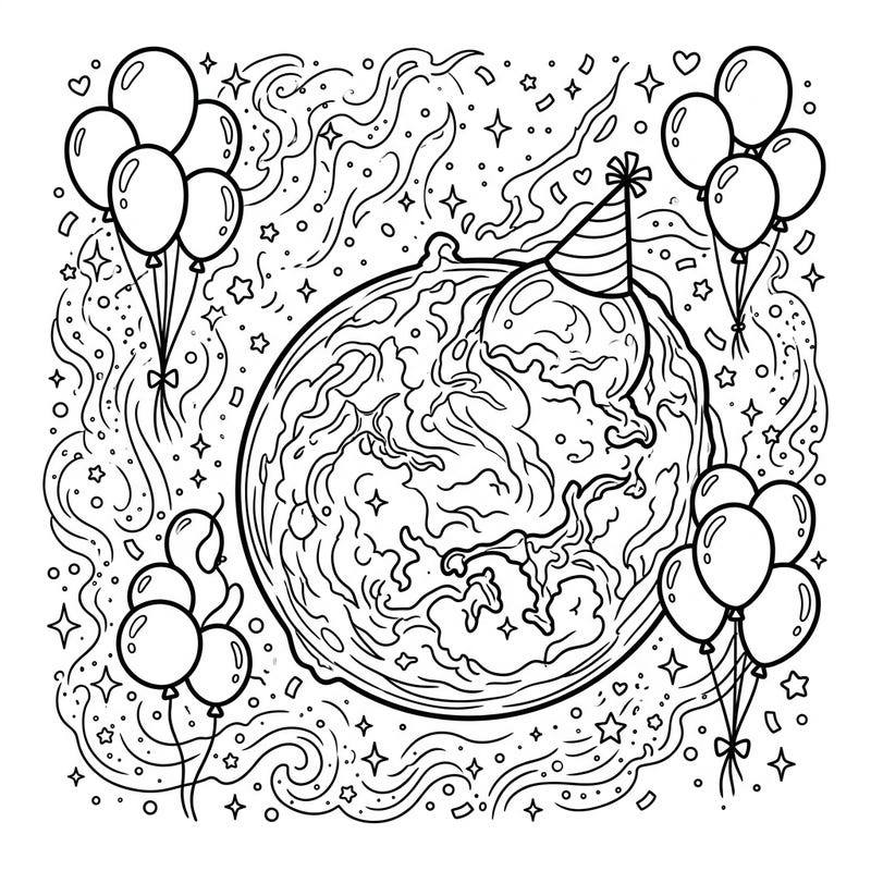 Blast off into a universe of fun with this unique Bubble Nebula birthday coloring page. Featuring a festive nebula adorned with a party hat, surrounded by balloons, confetti, and twinkling stars, it's a cosmic celebration waiting for your colors.