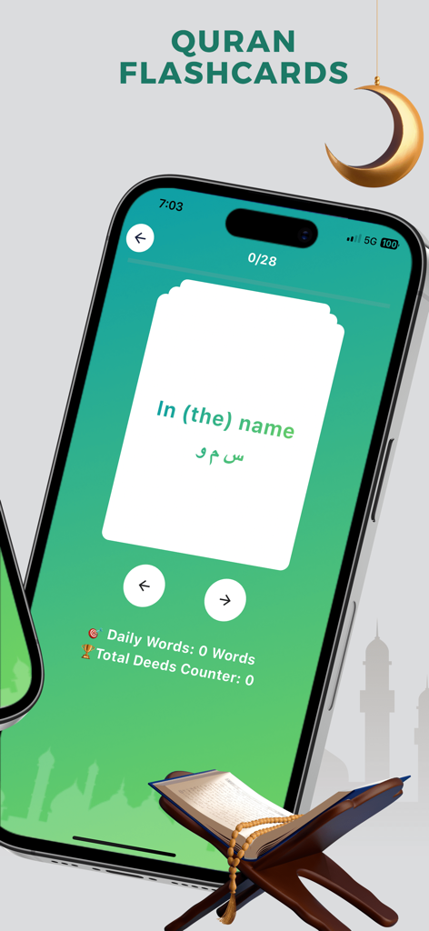 Quran Buddy: Memorize Quran - Mobile app interface showing interactive flashcards for learning Quranic Arabic vocabulary with English translations.