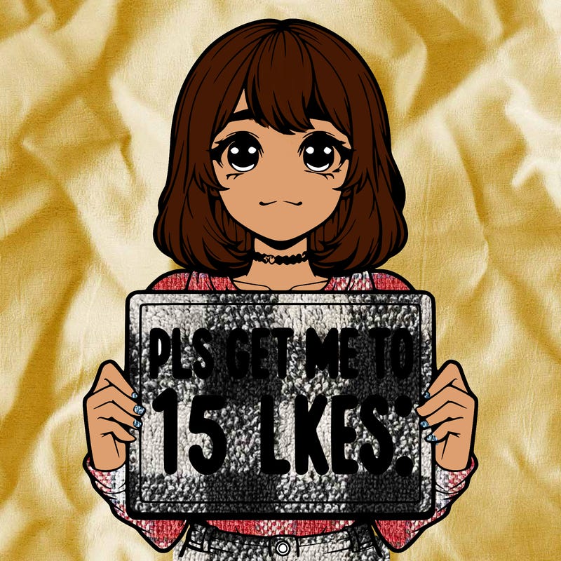 realistic girl holding up a sign that says “pls get me to 15 likes!”