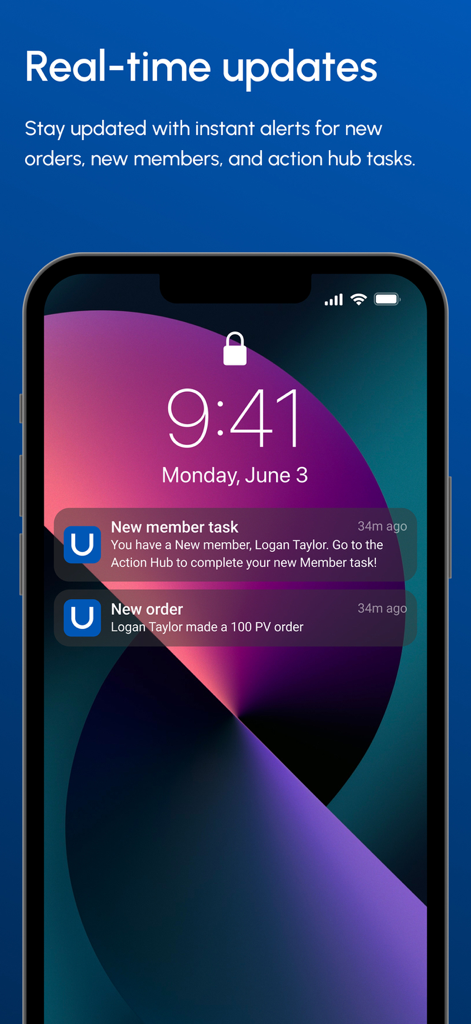 iPhone lock screen showing Unicity Go notifications for new orders and tasks