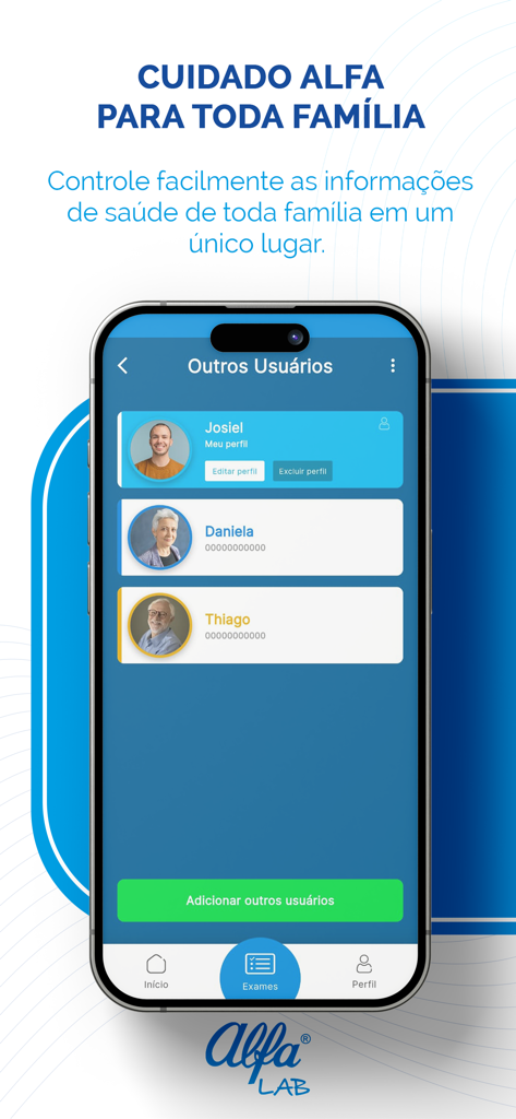 Alfa Laboratório - Pantalla de la aplicación Alfa Laboratorio para gestionar perfiles de salud familiares unificados y cuentas de usuario