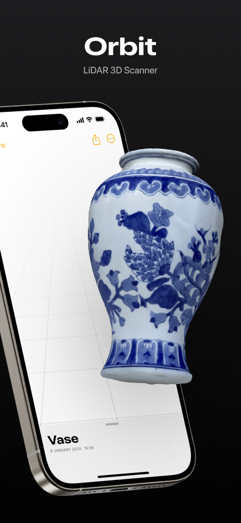 3D-Modell einer blau-weißen Keramikvase, aufgenommen mit der Orbit LiDAR 3D Scanner App auf dem iPhone