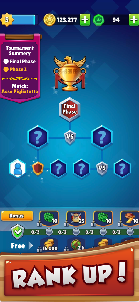 Tournament bracket and rank up progression screen in the Scopa card game app