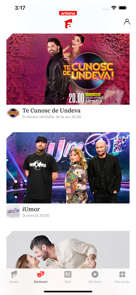 Antena 1 - Schermata principale dell'app mobile Antena 1 con popolari programmi di intrattenimento rumeni come Te Cunosc de Undeva e iUmor.