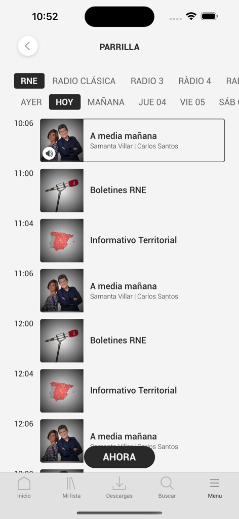 Horario de programación diario de las estaciones de radio de RNE en la aplicación móvil RNE Audio, mostrando horarios de programas y presentadores.