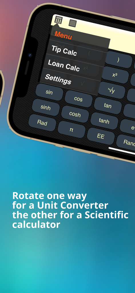 Calculator XLt - Scientific calculator interface for Calculator XLt showing mathematical functions and feature menu.