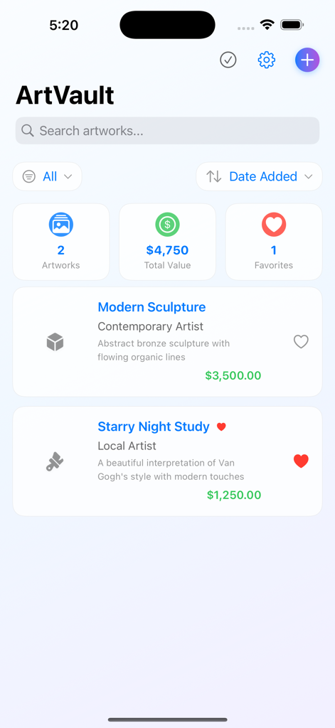 Art Collection Inventory - Art Collection Inventory app dashboard showing total collection value and a list of cataloged artworks