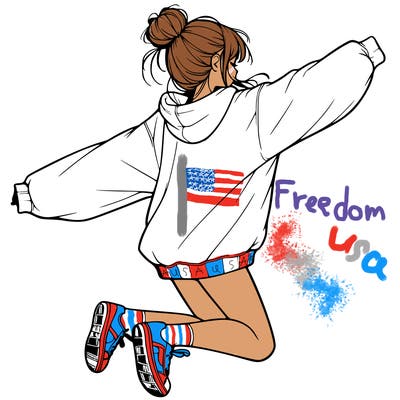 realistic girl jumping with a bun and oversized sweatshirt